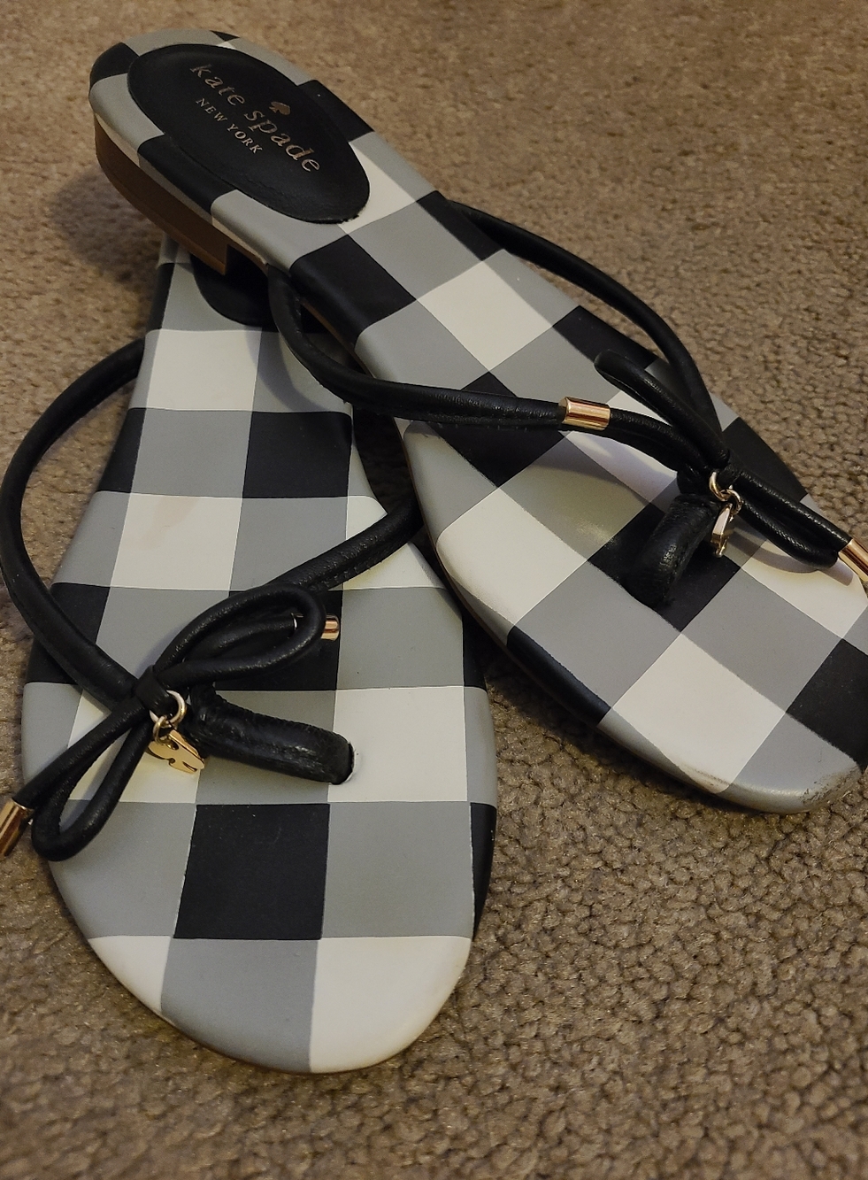 KATE SPADE Black and White Gingham Bow Flip Flop Sandals-8